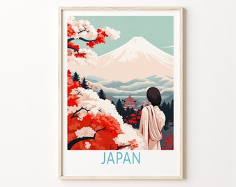 May include: A vintage travel poster featuring a woman standing in front of Mount Fuji, with cherry blossoms in the foreground. The poster has the word "JAPAN" printed at the bottom.