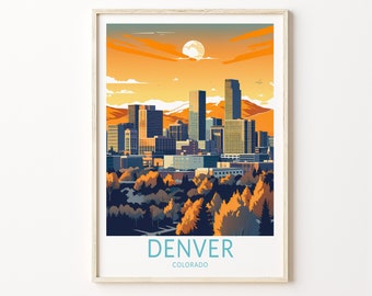 May include: A colorful illustration of the Denver skyline with a sunset background. The text "DENVER COLORADO" is at the bottom of the image.