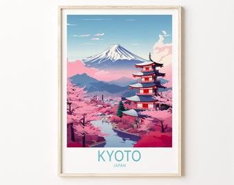 Könnte beinhalten: Eine farbenfrohe Illustration des Mount Fuji, einer Pagode und Kirschblüten in Kyoto, Japan. Der Text "KYOTO JAPAN" befindet sich am unteren Rand des Bildes.