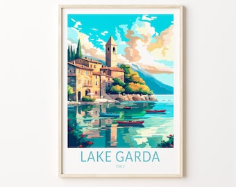 May include: A colorful illustration of a town on Lake Garda in Italy. The image features a tall church tower, buildings with terracotta roofs, and boats on the water. The text "LAKE GARDA ITALY" is at the bottom of the image.