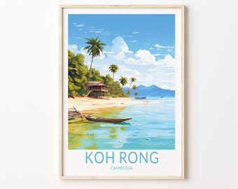 May include: A vintage travel poster featuring a tropical beach scene with palm trees, a wooden hut, and a boat in the turquoise water. The text "KOH RONG CAMBODIA" is at the bottom of the poster.
