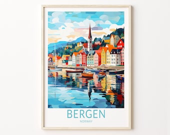 May include: A colorful illustration of the city of Bergen, Norway. The image features a waterfront with colorful buildings, a church steeple, and boats. The text "BERGEN NORWAY" is at the bottom of the image.