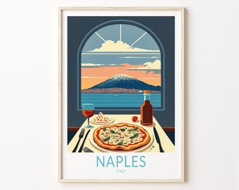 Póster de viaje de la ciudad de Nápoles, póster de viaje de pizza de Nápoles, Italia, arte mural de la ciudad de Nápoles, póster de viaje de pizza italiana