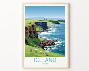 Può includere: Un'illustrazione colorata di un paesaggio costiero in Islanda. L'immagine presenta una scogliera verde erbosa con una costa rocciosa e acqua di mare blu. Il testo "ICELAND" è scritto in lettere blu nella parte inferiore dell'immagine.