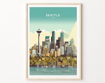 Seattle Travel Print, Seattle Washington Travel Poster Print, Seattle Skyline Wall Art, Seattle Travel Wall Decor, Birthday Gift