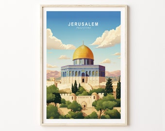 May include: A vintage travel poster featuring a colorful illustration of the Dome of the Rock in Jerusalem, Palestine. The poster has a blue sky with white clouds and a gold dome.