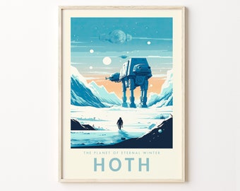 May include: A vintage-style poster featuring a blue and white illustration of an AT-AT walker from Star Wars on a snowy planet. The poster has the text "The Planet of Eternal Winter" and "HOTH" in blue.