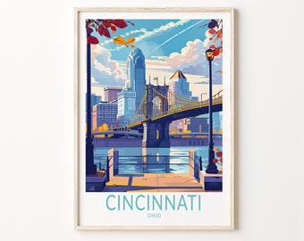Cincinnati Ohio Travel Print, Ohio Travel Wall Art, John Roebling Bridge Poster Print, Travel Home Decor, Birthday Present