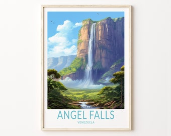 Puede incluir: Un póster enmarcado con una ilustración colorida de las Cataratas del Ángel en Venezuela. El póster presenta una gran cascada que cae por un acantilado, rodeada de exuberante vegetación verde y un cielo azul con nubes blancas.