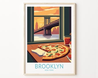 May include: A vintage-style illustration of a pizza slice and a glass of fizzy drink on a table with a view of the Brooklyn Bridge through a window. The text "BROOKLYN NEW YORK" is at the bottom of the image.
