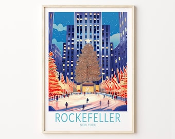 May include: A colorful illustration of Rockefeller Center in New York City during the holiday season. The image features the iconic building with a large Christmas tree in front of it. People are ice skating on the rink in front of the tree. The text "Rockefeller" and "New York" is at the bottom of the image.