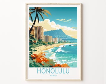 Hawaii Honolulu Travel Poster, Honolulu Hawaii Travel Poster Print, Hawaii Travel Poster Wall Art, Hawaii Islands, Coastal Travel Poster