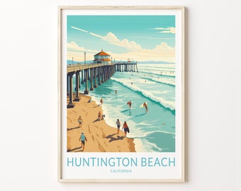 Resetryck för Huntington Beach, Kalifornien, affischtryck för Huntington Beach, väggkonst för Huntington Beach, väggdekoration för Kaliforniens kust
