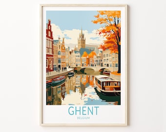 May include: A framed art print of Ghent, Belgium. The illustration depicts a canal scene with buildings, boats, and a bridge. The color palette includes shades of orange, brown, and blue. The word "GHENT" and "BELGIUM" are printed at the bottom.