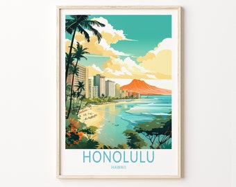 Honolulu Hawaii reisposter, Honolulu Hawaii reisposter print, Hawaii reisposter kunst aan de muur, Honolulu Hawaii kust reisposter