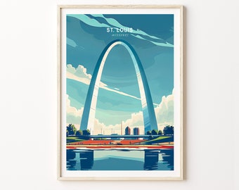 May include: A colorful illustration of the Gateway Arch in St. Louis, Missouri. The arch is a prominent landmark in the city and is a popular tourist destination. The illustration is in a retro style and features a blue sky with white clouds.