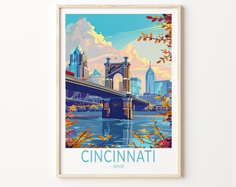 Cincinnati Travel Poster, Cincinnati Ohio Travel Wall Art, John Roebling Bridge Poster, Ohio Gifts, Personalised Gifts, Birthday Present