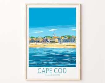 May include: A colorful illustration of a seaside town with a lighthouse, beach, and ocean. The text "CAPE COD MASSACHUSETTS" is at the bottom of the image.