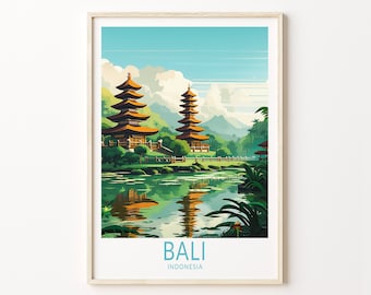 Puede incluir: Una ilustración colorida de un templo en Bali, Indonesia. El templo está rodeado de exuberantes árboles verdes y un estanque reflectante. El texto "BALI INDONESIA" está en la parte inferior de la imagen.