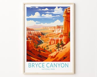 Könnte beinhalten: Ein Vintage-Poster mit einer malerischen Aussicht auf den Bryce Canyon National Park. Das Poster hat einen weißen Rahmen und zeigt eine lebendige Landschaft mit roten Felsformationen, einem blauen Himmel mit weißen Wolken und einem kleinen Fluss, der sich durch den Canyon schlängelt.