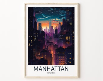 Manhattan Dark Night New York Travel Print, New York Travel Poster Wall Art, New York Manhattan Wall Art, City Skyline Travel Poster