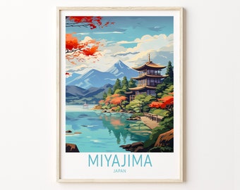 Könnte beinhalten: Ein Vintage-Reiseposter mit einer farbenfrohen Illustration einer Pagode auf einer kleinen Insel in einem See mit Bergen im Hintergrund. Der Text "MIYAJIMA JAPAN" befindet sich am unteren Rand des Posters.