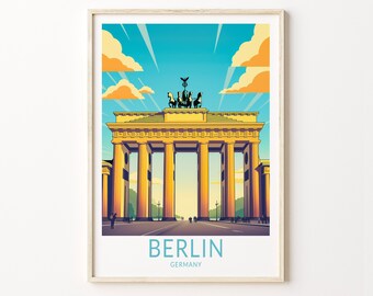 May include: A colorful illustration of the Brandenburg Gate in Berlin, Germany. The gate is a yellow sandstone structure with five archways and a quadriga sculpture on top. The sky is blue with white clouds and the ground is a light gray.