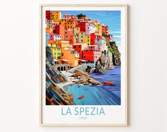 May include: A colorful illustration of a seaside town in Italy. The town is built on a cliffside and features colorful buildings, a small beach, and boats in the water. The text "LA SPEZIA ITALY" is at the bottom of the image.