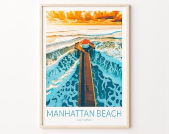 May include: An aerial view of a pier extending out into the ocean with a small building at the end. The water is a vibrant blue with white waves crashing against the pier. The sky is a mix of orange and yellow with dark clouds. The text "MANHATTAN BEACH CALIFORNIA" is at the bottom of the image.