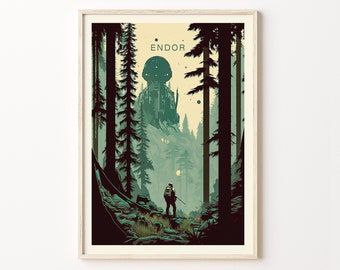 May include: A retro-style poster with a green, brown, and yellow color scheme. The poster features a silhouette of a person standing in a forest with a large, dark structure in the background. The text "ENDOR" is printed in white at the top of the poster.