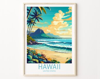 May include: A framed art print featuring a stylized Hawaiian beach scene. The artwork depicts a sandy beach, turquoise ocean waves, palm trees, and a mountain in the background. The text "HAWAII UNITED STATES" is printed at the bottom of the print.