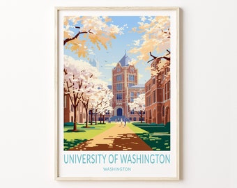 Puede incluir: Un póster de estilo vintage con una ilustración colorida del campus de la Universidad de Washington en Seattle. El póster presenta un edificio de ladrillo con una torre del reloj, rodeado de cerezos en flor. El texto "UNIVERSITY OF WASHINGTON" y "WASHINGTON" está impreso en azul en la parte inferior del póster.