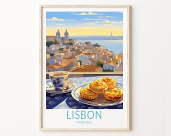Lisbon Portugal Travel Poster, Lisbon Poster Print, Lisbon Train Wall Art, Portugal Pastel de Nata Lisbon, Food and Travel