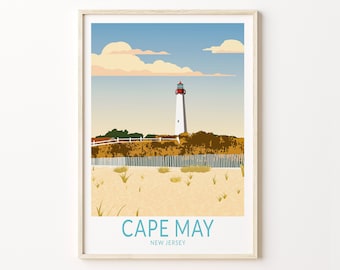 May include: A vintage-style illustration of a white lighthouse with a red roof and a blue trim, set against a blue sky with white clouds. The lighthouse is surrounded by a brown fence and green grass. The text "CAPE MAY NEW JERSEY" is printed below the image.