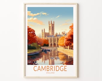Könnte beinhalten: Ein Vintage-Reiseposter mit einer farbenfrohen Illustration eines Gebäudes mit einem hohen Turm in Cambridge, England. Das Gebäude ist von Bäumen und einem Fluss mit Booten umgeben. Der Text "CAMBRIDGE ENGLAND" befindet sich am unteren Rand des Posters.