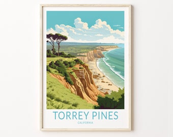 トーリーパインズ サンディエゴ トラベル ウォールアート、トーリーパインズ カリフォルニア トラベル ポスター、カリフォルニア コースト ウォールアート、旅行者向けホームデコレーション