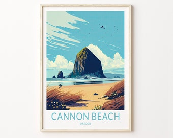 May include: A vintage-style illustration of Cannon Beach, Oregon, featuring Haystack Rock, a large sea stack, with a blue sky and white clouds. The text "Cannon Beach, Oregon" is at the bottom of the image.
