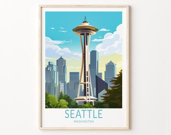 Seattle Travel Print, Seattle Washington Travel Poster Print, Seattle Skyline Wall Art, Seattle Travel Wall Decor, Birthday Gift