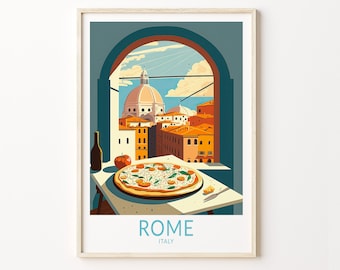 May include: A colorful illustration of a pizza on a table with a bottle of wine and a tomato. The background shows a view of the city of Rome, Italy, through an arched window. The text "ROME ITALY" is at the bottom of the image.