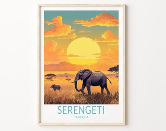 May include: A vintage-style poster with a sunset scene featuring two elephants in the Serengeti National Park in Tanzania. The poster has the text "SERENGETI" and "TANZANIA" in a blue font.