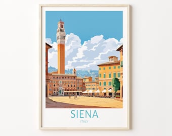 Könnte beinhalten: Eine farbenfrohe Illustration der Piazza del Campo in Siena, Italien. Das Bild zeigt einen hohen, roten Backsteinturm, einen großen, offenen Platz mit umliegenden Gebäuden und einen blauen Himmel mit weißen Wolken. Der Text "SIENA ITALY" ist unten im Bild gedruckt.