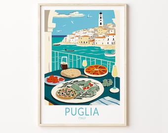 Puglia Italy Travel Poster, Puglia Travel Print, Italy Puglia City Wall Art, Italian Food Travel Poster, Food and Travel Wall Art