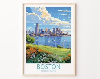Boston Travel Print, Boston City Travel Poster, Boston Travel Wall Art, City Skyline Artwork, Boston Massachusetts Travel Poster