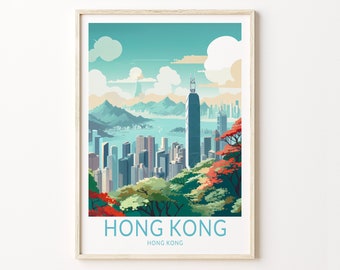 Hong Kong Travel Poster, Hong Kong City Poster Print, Hong Kong Wall Art, Hong Kong Skyscrapers City Wall Decor, Birthday Gifts