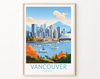 Pode incluir: Uma ilustração colorida do horizonte de Vancouver com o texto "Vancouver, Canadá" na parte inferior. O horizonte apresenta vários arranha-céus, um grande estádio e uma montanha ao fundo. A ilustração é colocada sobre um fundo de céu azul com nuvens brancas.