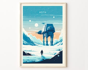 Hoth Travel Poster, Minimalist Retro Travel Print,  Tatooine Bespin Endor A New Hope Empire Strikes Back, Star Wars Original Trilogy Prints