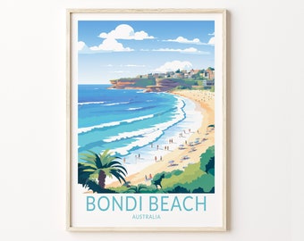 Bondi Beach Australia Travel Art Poster, Bondi Beach Coastal Poster Home Decor Wall Art, Australia Coastal City Travel Print
