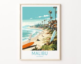 May include: A colorful illustration of a beach scene in Malibu, California. The image features a sandy beach with palm trees, houses, and surfers. The text "MALIBU CALIFORNIA" is at the bottom of the image.