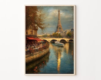 大型アンティークフランス油絵、人物が描かれた川の風景、19世紀の