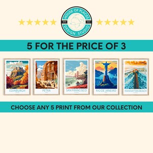 May include: A graphic design studio is advertising a sale on travel posters. The ad features five posters with colourful illustrations of Edinburgh, Petra, San Francisco, Rio de Janeiro, and Manhattan Beach. The text reads "5 for the price of 3" and "Choose any 5 print from our collection".